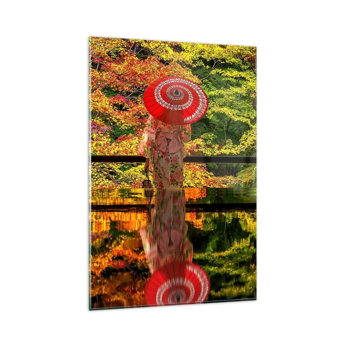 Cuadro sobre vidrio - Impresiones sobre Vidrio - Una mujer con un kimono y un paraguas con el telón de fondo de un paisaje otoñal. - 80x120cm - En un templo de la naturaleza - Decoración de pared moderna para salón y dormitorio ARTTOR
