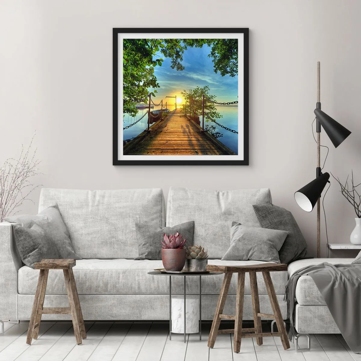Póster en marco negro - Atardecer junto al agua - 50x50 cm