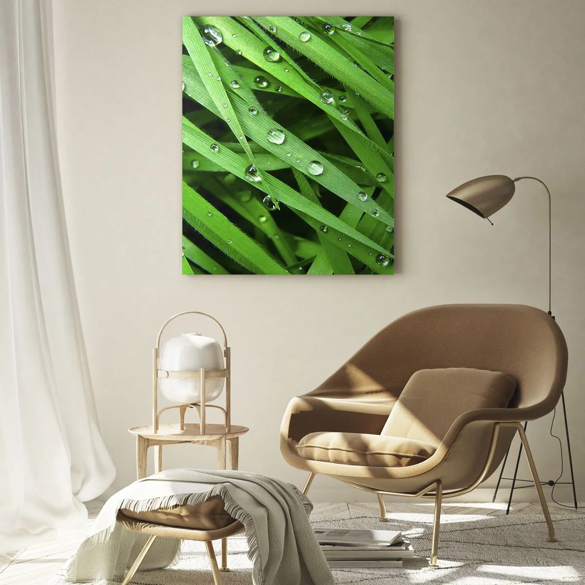 Cuadro sobre vidrio - Impresiones sobre Vidrio - Hojas verdes de hierba con gotas de rocío - 50x70cm - Jugar al verde - Decoración de pared moderna para salón y dormitorio ARTTOR