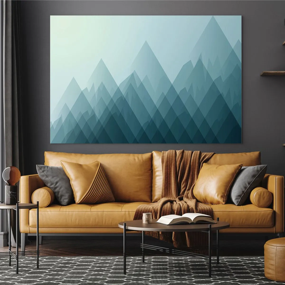 Cuadro sobre vidrio - Impresiones sobre Vidrio - Montañas abstractas en capas en suaves tonos azules - 70x50cm - Grande, mayor, el mayor - Decoración de pared moderna para salón y dormitorio ARTTOR