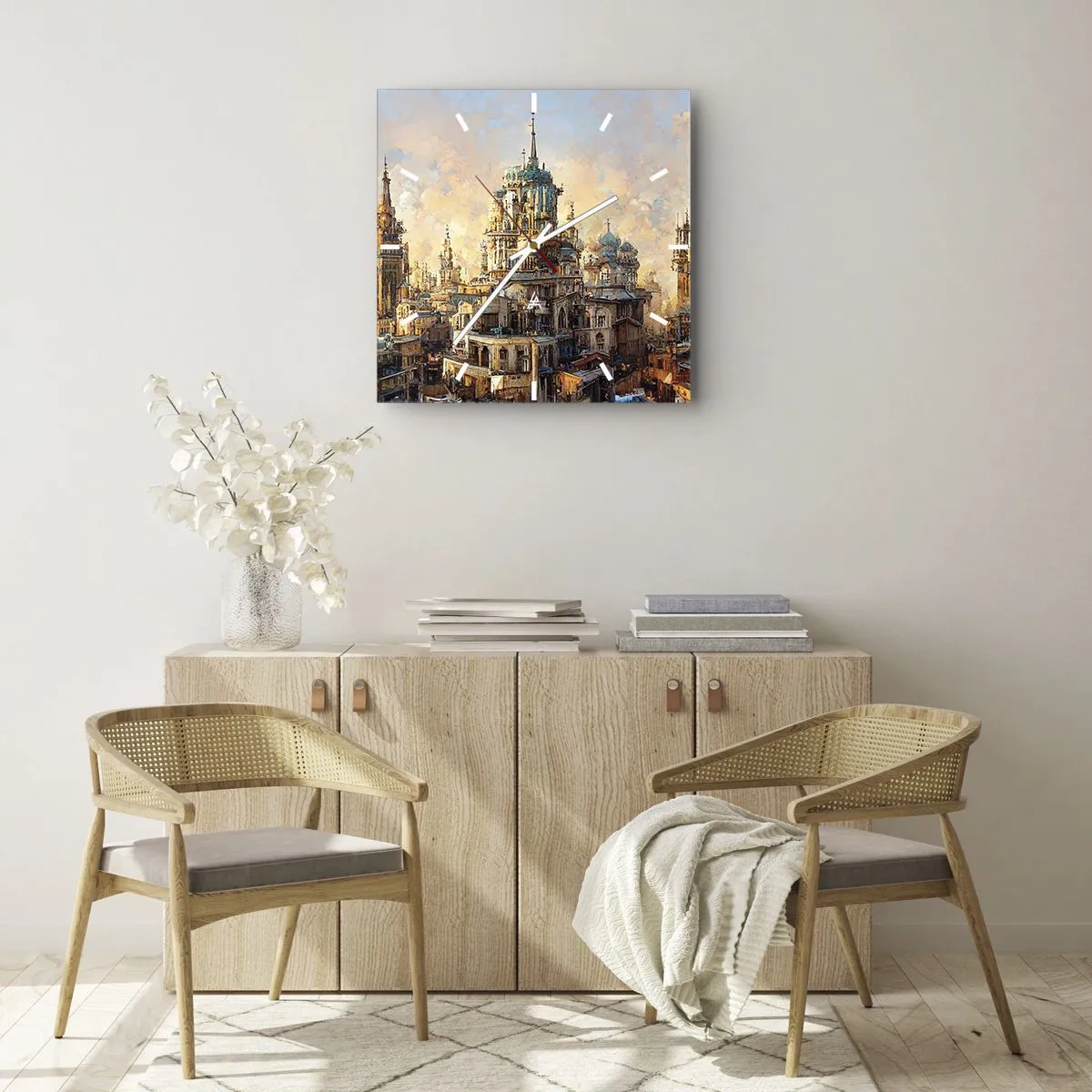 Reloj de pared - Reloj de vidrio - Torres arquitectónicas bajo los rayos del sol poniente - 30x30cm - Una ciudad de ciudades - Decoración de pared moderna para salón y dormitorio ARTTOR