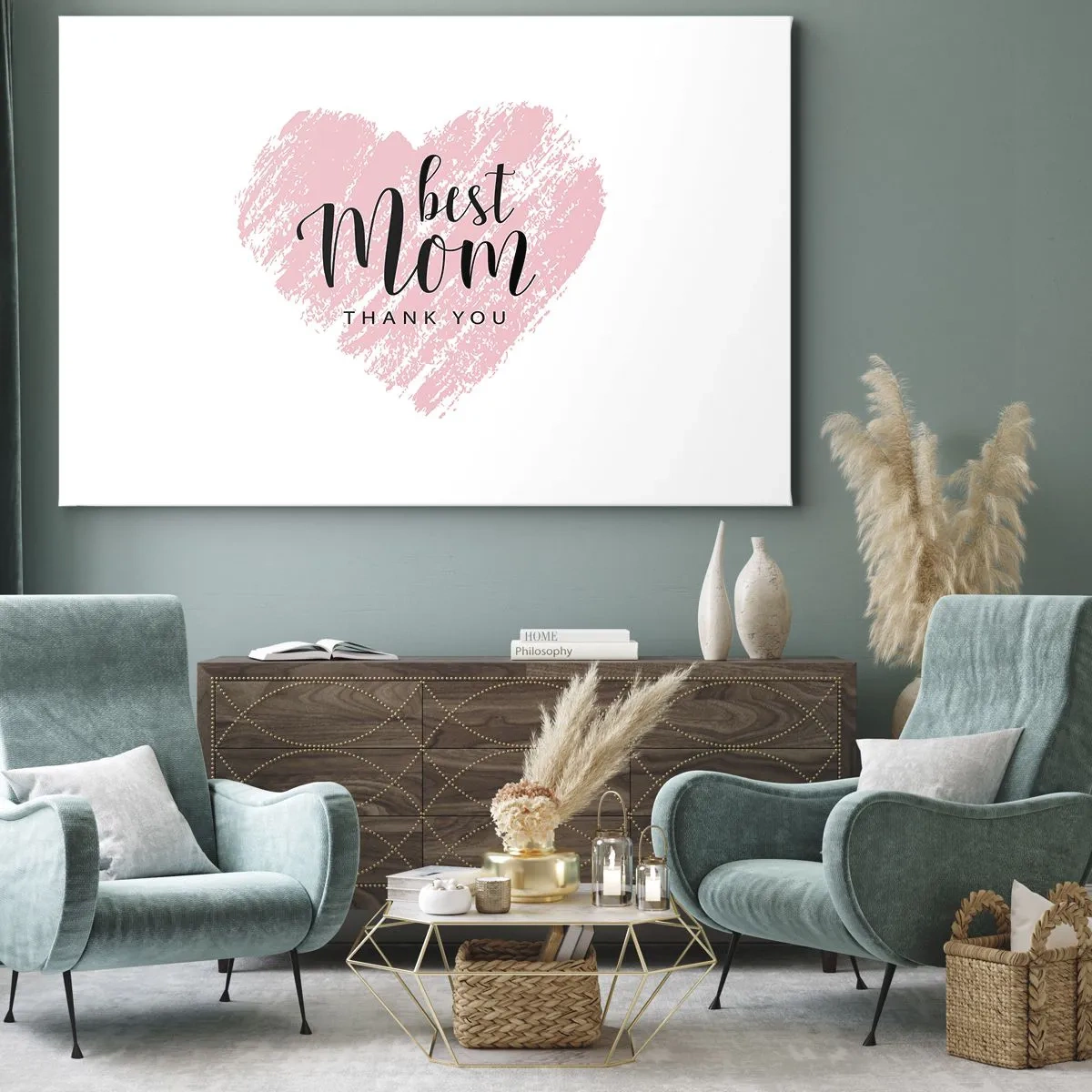 Cuadro sobre lienzo - Impresión de Imagen - Corazón rosa con la frase "Gracias, mejor mamá" sobre fondo blanco. - 120x80cm - En cualquier momento de tu vida - Decoración de pared moderna para salón y dormitorio ARTTOR