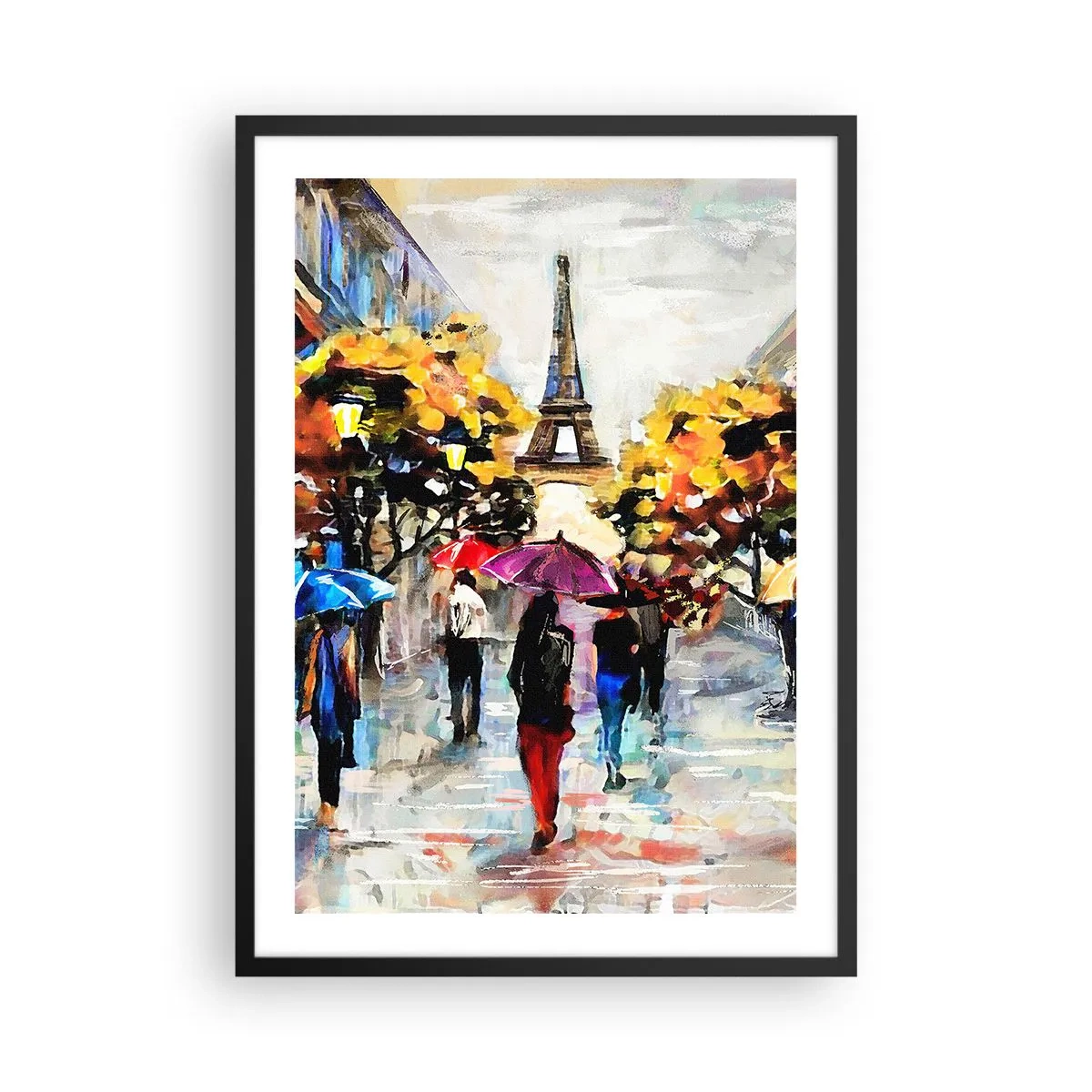 Póster en marco negro - La Torre Eiffel en un paisaje otoñal con sombrillas de colores. - 50x70cm - Especialmente hermoso en otoño - Decoración de pared moderna para salón y dormitorio ARTTOR