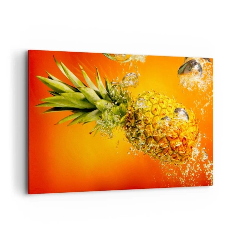Cuadro sobre lienzo - Impresión de Imagen - Una piña sumergida en agua sobre un fondo degradado naranja. - 120x80cm - Jugosa frescura tropical - Decoración de pared moderna para salón y dormitorio ARTTOR