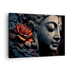 Cuadro sobre lienzo - Impresión de Imagen - Escultura de Buda con una flor de loto roja. - 70x50cm - En sintonía con el mundo - Decoración de pared moderna para salón y dormitorio ARTTOR
