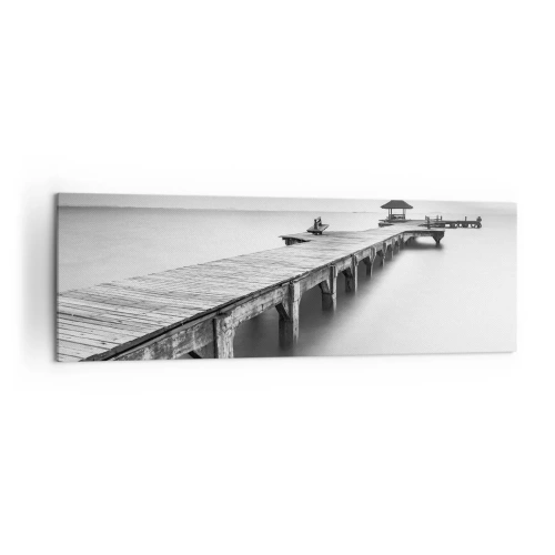 Cuadro sobre lienzo - Impresión de Imagen - Una vista en blanco y negro de un muelle de madera sobre aguas tranquilas. - 160x50cm - Lejos - Decoración de pared moderna para salón y dormitorio ARTTOR