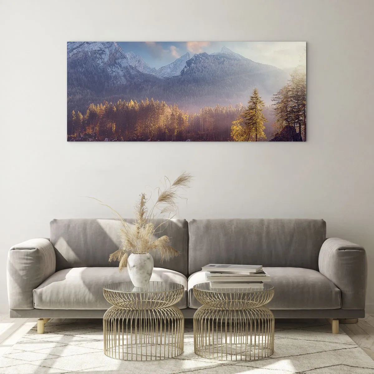 Cuadro sobre vidrio - Impresiones sobre Vidrio - Vista pintoresca del bosque de montaña y el lago al amanecer. - 160x50cm - Entre las montañas y los valles - Decoración de pared moderna para salón y dormitorio ARTTOR