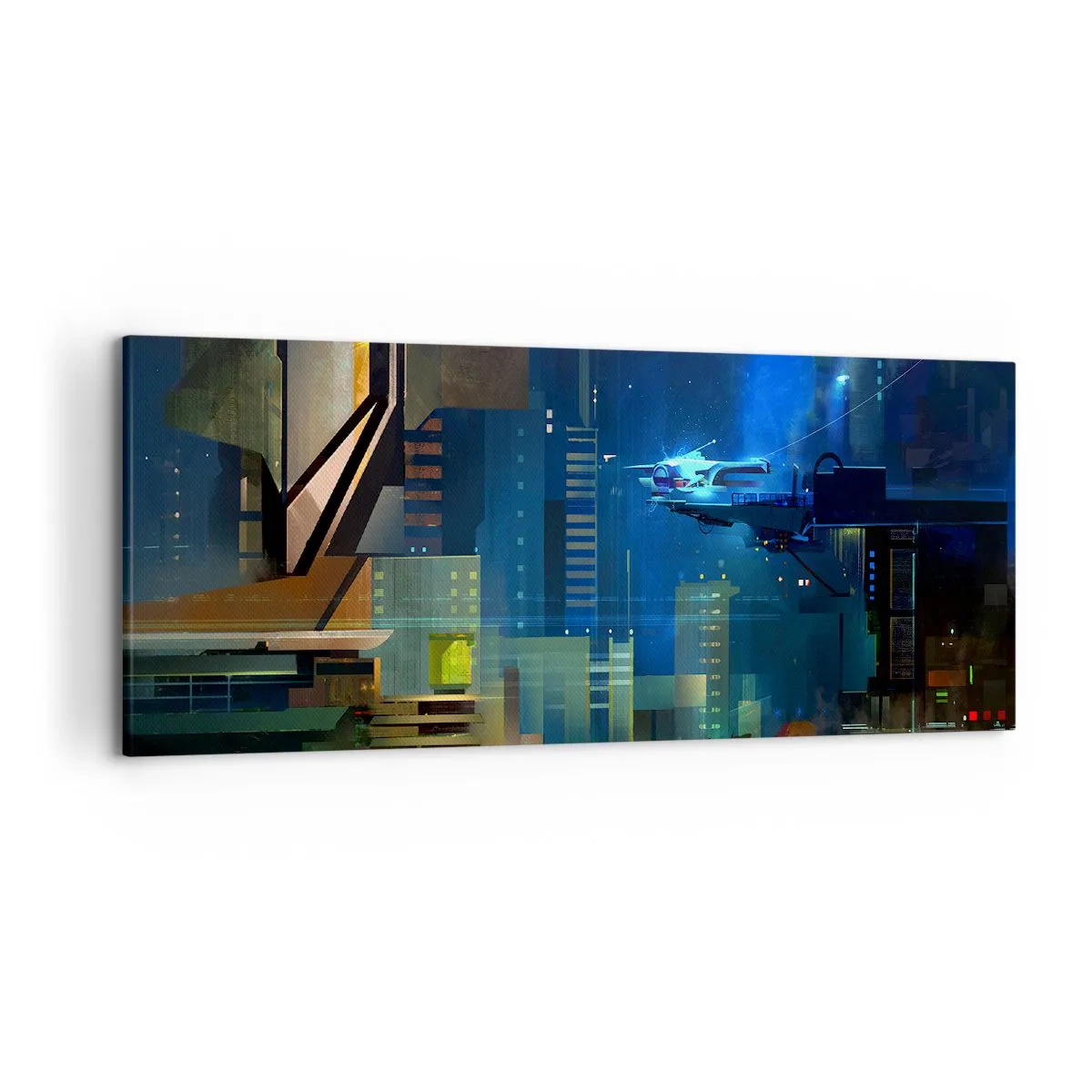 Cuadro sobre lienzo - Impresión de Imagen - Ciudad futurista de noche con luces de neón y un vehículo volador. - 120x50cm - En un futuro próximo - Decoración de pared moderna para salón y dormitorio ARTTOR