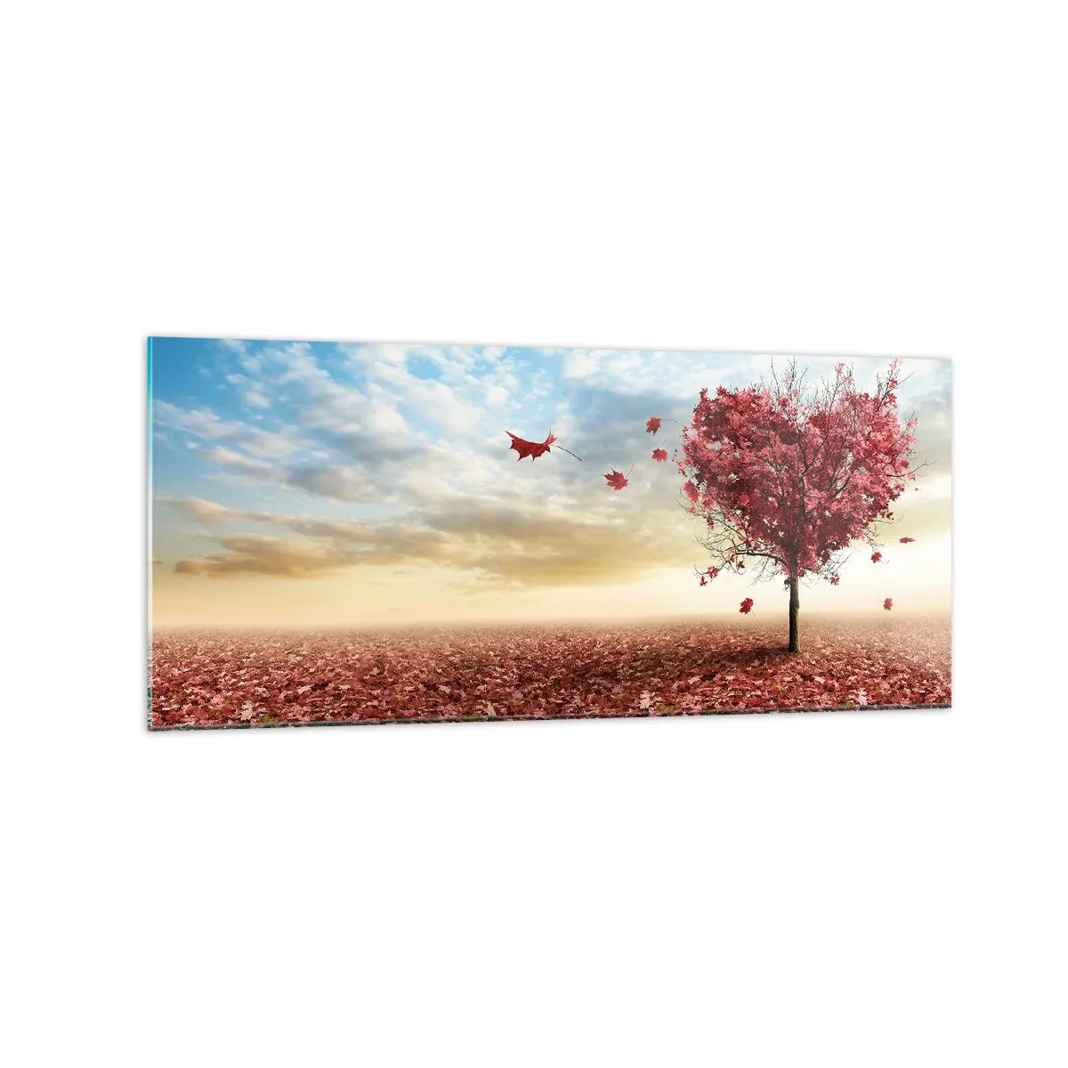 Cuadro sobre vidrio - Impresiones sobre Vidrio - Un árbol solitario en forma de corazón en un campo de hojas rojas. - 120x50cm - Amor de otoño - Decoración de pared moderna para salón y dormitorio ARTTOR