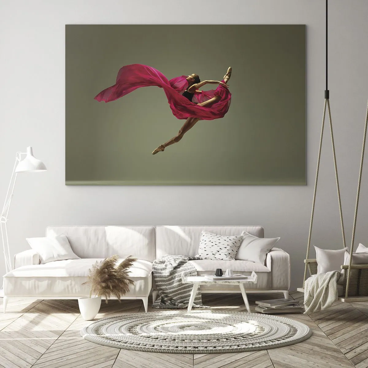 Cuadro sobre vidrio - Impresiones sobre Vidrio - Una bailarina en vuelo con una tela fucsia fluida. - 100x70cm - Llama danzante - Decoración de pared moderna para salón y dormitorio ARTTOR