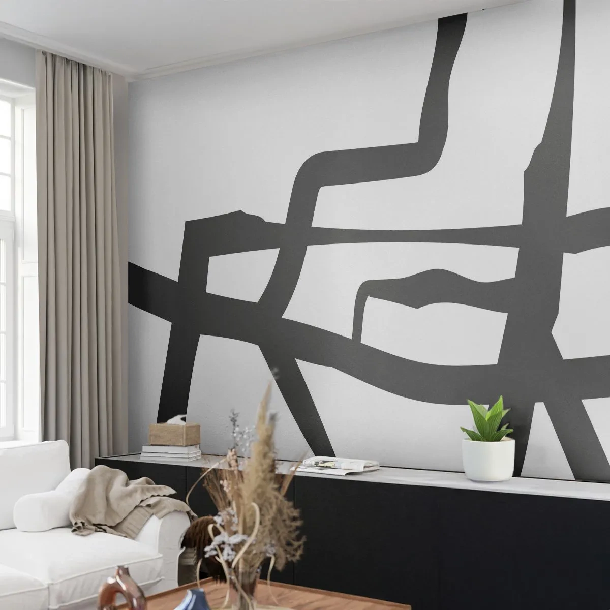 Fotomural Standard Eco - Construcción en blanco y negro - Línea, En blanco y negro, abstraccionismo - 200x140 cm