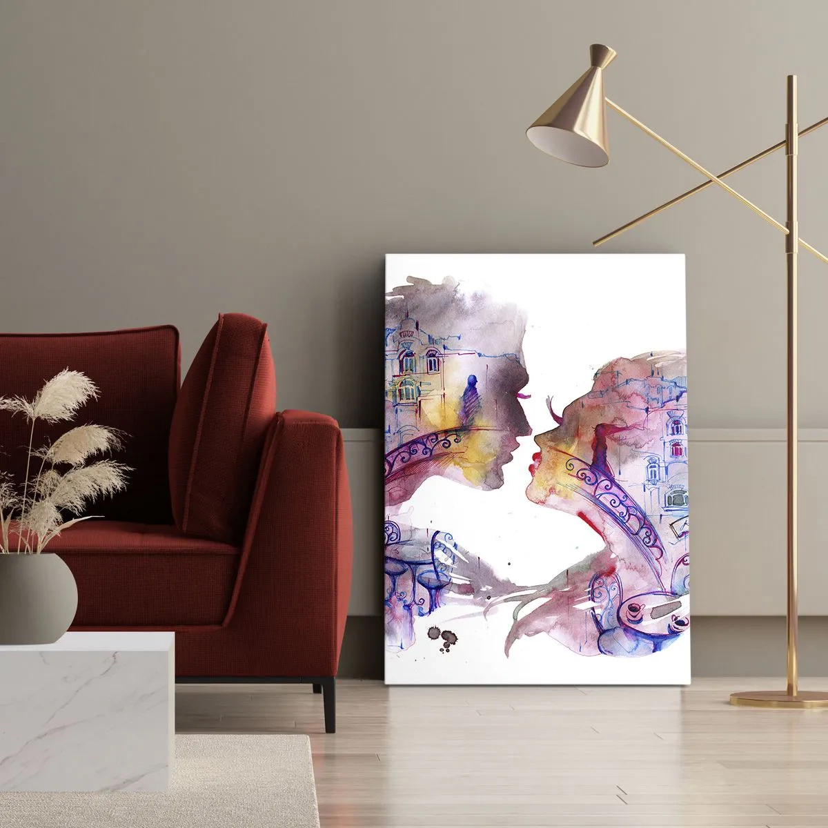 Cuadro sobre lienzo - Impresión de Imagen - Una acuarela romántica que representa las siluetas de los amantes. - 80x120cm - Un puente secreto de suspiros - Decoración de pared moderna para salón y dormitorio ARTTOR