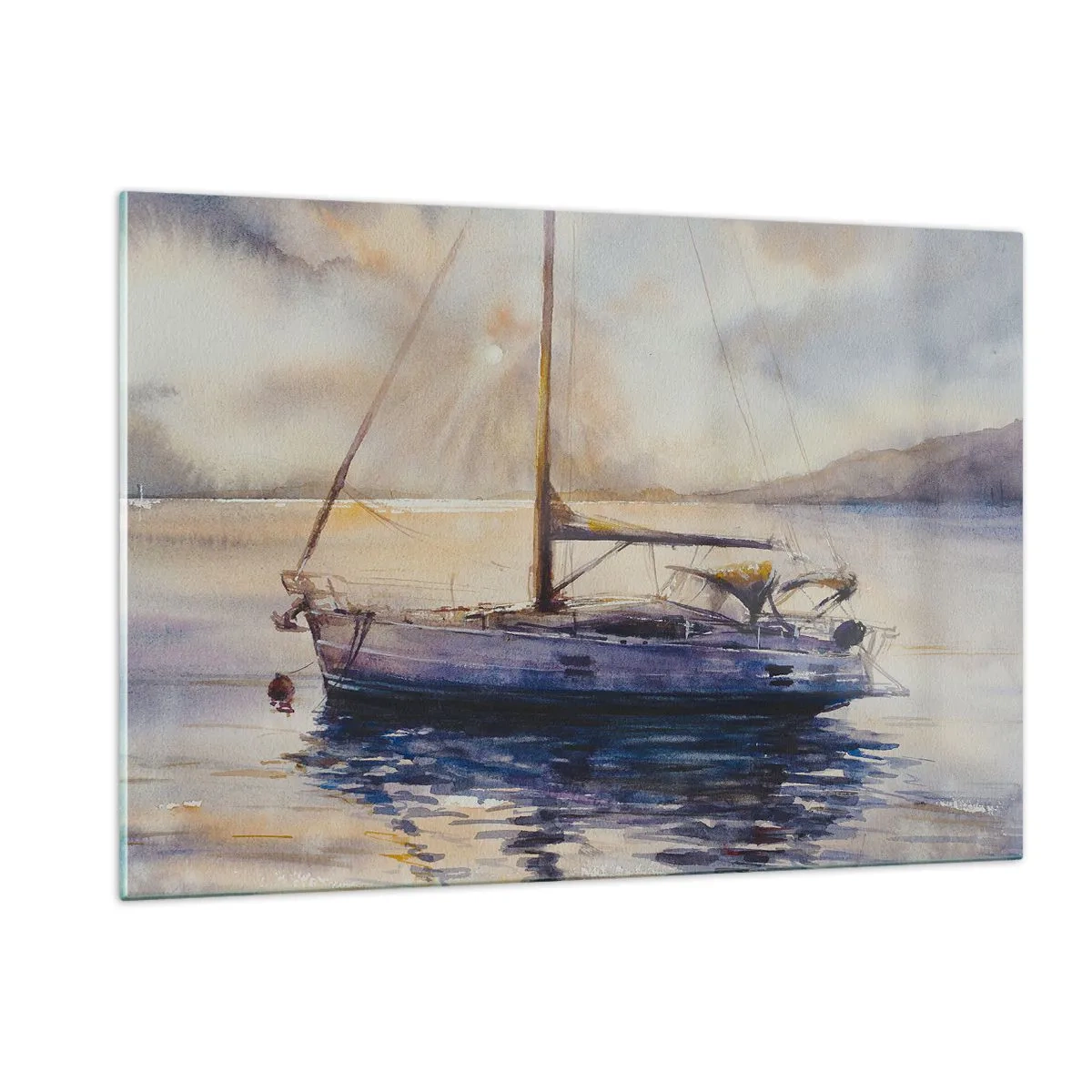 Cuadro sobre vidrio - Impresiones sobre Vidrio - Un yate amarrado en una bahía tranquila al anochecer. - 120x80cm - Atardecer en la bahía - Decoración de pared moderna para salón y dormitorio ARTTOR