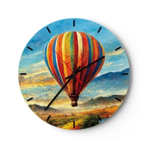 Reloj de pared - Reloj de vidrio - Un globo colorido contra un paisaje de montaña al amanecer. - 30x30cm - En silencio se ve el horizonte - Decoración de pared moderna para salón, cocina y dormitorio ARTTOR