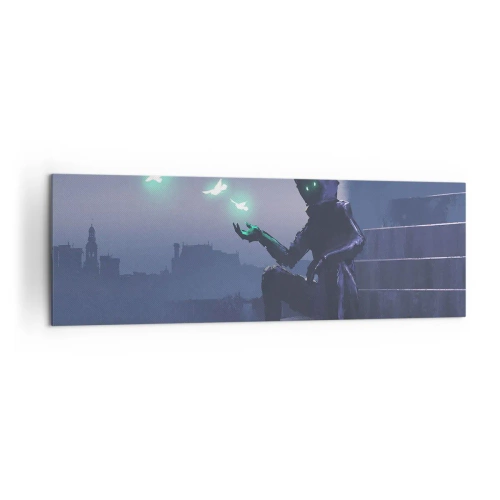 Cuadro sobre lienzo - Impresión de Imagen - Una figura encapuchada con pájaros mágicos en el fondo de una ciudad. - 160x50cm - La vida volverá - Decoración de pared moderna para salón y dormitorio ARTTOR