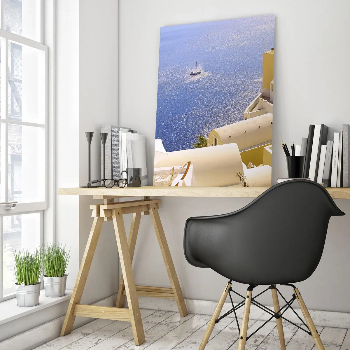 Cuadro sobre vidrio - Impresiones sobre Vidrio - Vista de Santorini con mar azul y edificios blancos. - 50x70cm - Paisaje griego en blanco y azul - Decoración de pared moderna para salón y dormitorio ARTTOR