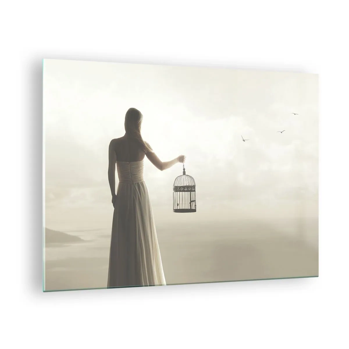 Cuadro sobre vidrio - Impresiones sobre Vidrio - Una mujer con una jaula mirando a los pájaros volar hacia el cielo. - 70x50cm - Sé libre - Decoración de pared moderna para salón y dormitorio ARTTOR