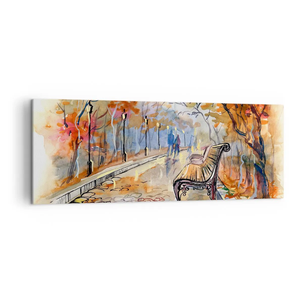 Cuadro sobre lienzo - Impresión de Imagen - Un parque otoñal con un banco en acuarela. - 140x50cm - Caminemos juntos hacia el otoño - Decoración de pared moderna para salón y dormitorio ARTTOR