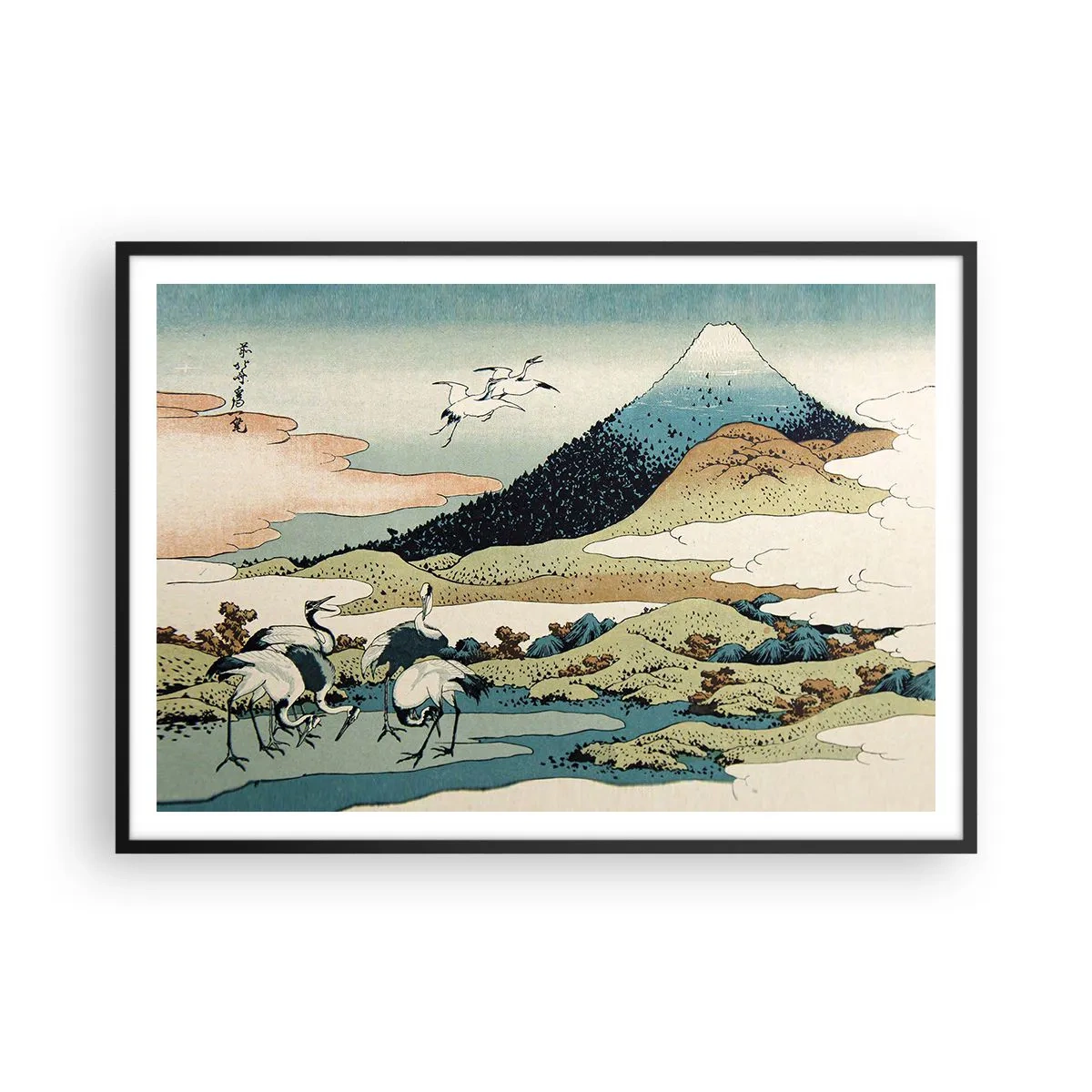 Póster en marco negro - Gráficos tradicionales japoneses con montañas y grúas. - 100x70cm - Alma japonesa - Decoración de pared moderna para salón y dormitorio ARTTOR