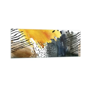 Cuadro sobre vidrio - Impresiones sobre Vidrio - Una composición abstracta con acentos amarillos y patrones gráficos. - 140x50cm - Reunión de los elementos - Decoración de pared moderna para salón y dormitorio ARTTOR