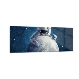 Cuadro sobre vidrio - Impresiones sobre Vidrio - Astronauta sosteniendo la luna contra un cielo estrellado - 140x50cm - Bromista espacial - Decoración de pared moderna para salón y dormitorio ARTTOR