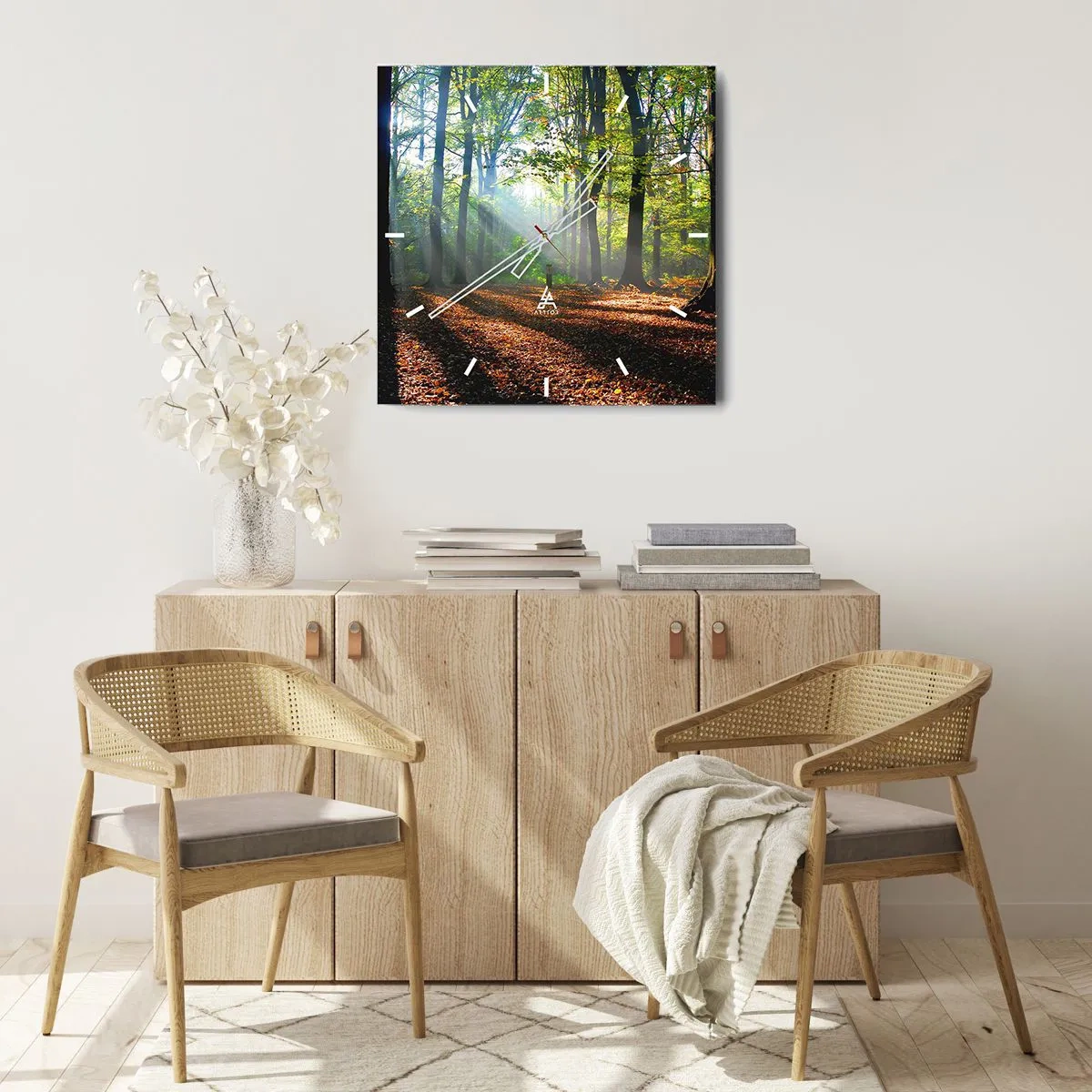 Reloj de pared - Reloj de vidrio - Un claro del bosque iluminado por los rayos del sol. - 30x30cm - Resplandores y sombras - Decoración de pared moderna para salón y dormitorio ARTTOR