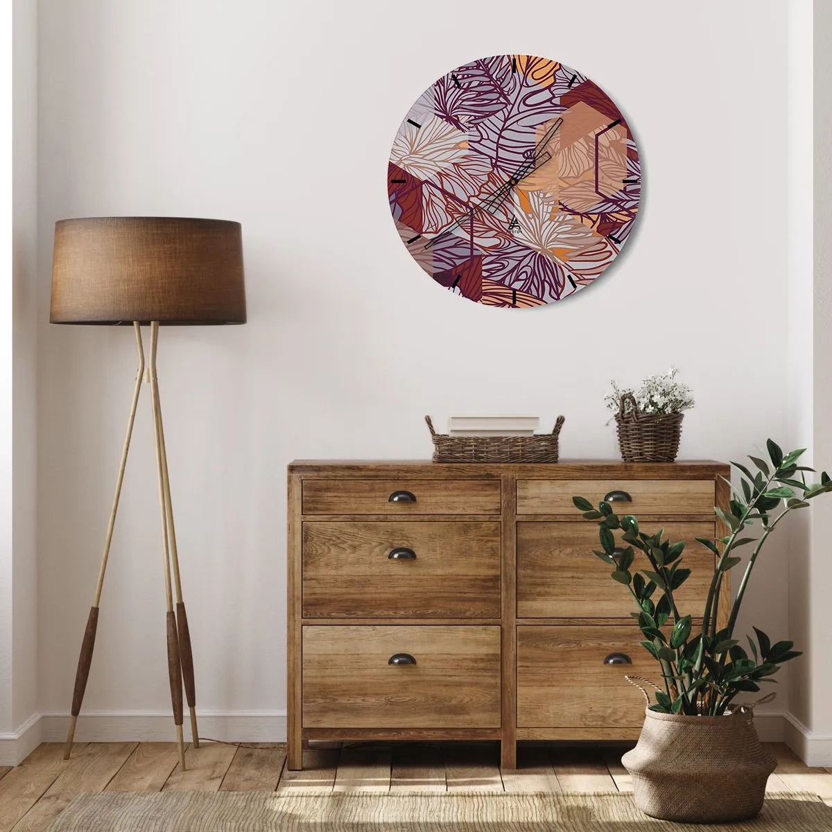 Reloj de pared - Reloj de vidrio - Hojas abstractas en tonos morados, naranjas y beige. - 30x30cm - La unión imposible de la geometría y la naturaleza - Decoración de pared moderna para salón, cocina y dormitorio ARTTOR