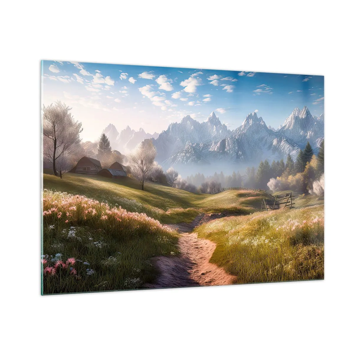 Cuadro sobre vidrio - Impresiones sobre Vidrio - Paisaje primaveral con un valle, flores y montañas al fondo por la mañana. - 100x70cm - Valle idílico - Decoración de pared moderna para salón y dormitorio ARTTOR