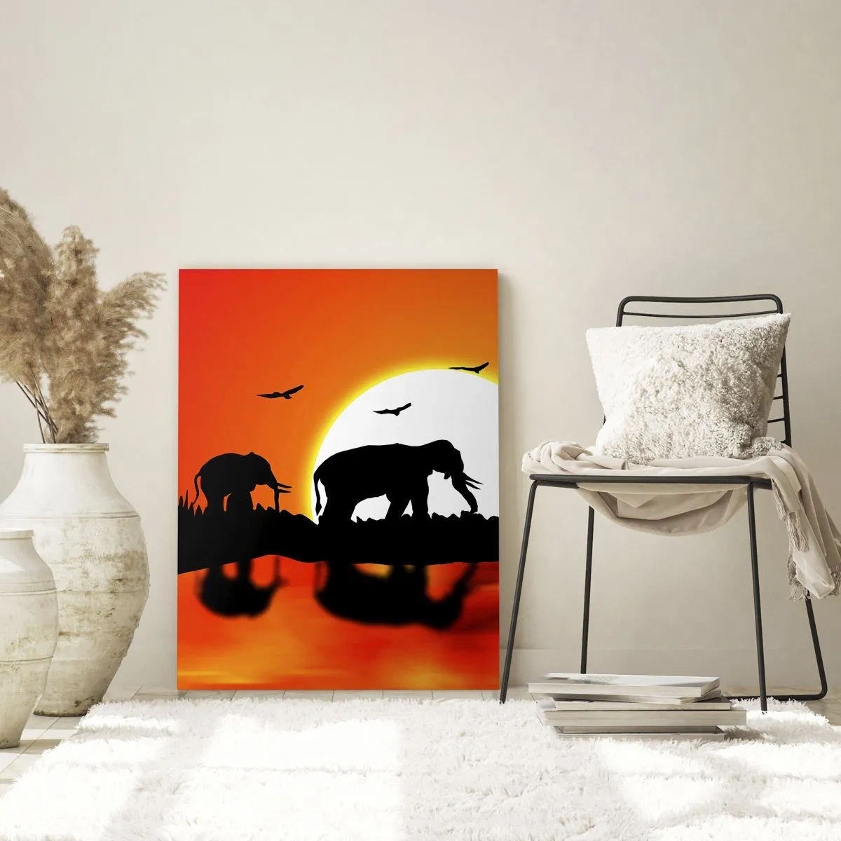 Cuadro sobre vidrio - Impresiones sobre Vidrio - Siluetas de elefantes contra el sol poniente - 50x70cm - La noche es para tomar una copita - Decoración de pared moderna para salón y dormitorio ARTTOR