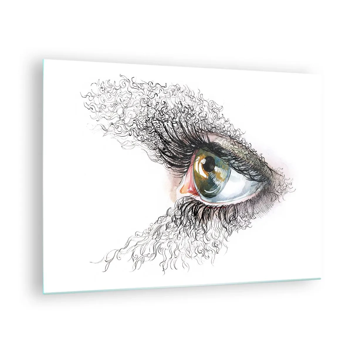 Cuadro sobre vidrio - Impresiones sobre Vidrio - Un ojo dorado rodeado de líneas dinámicas y detalles abstractos. - 70x50cm - Mira directamente a tu alma - Decoración de pared moderna para salón y dormitorio ARTTOR