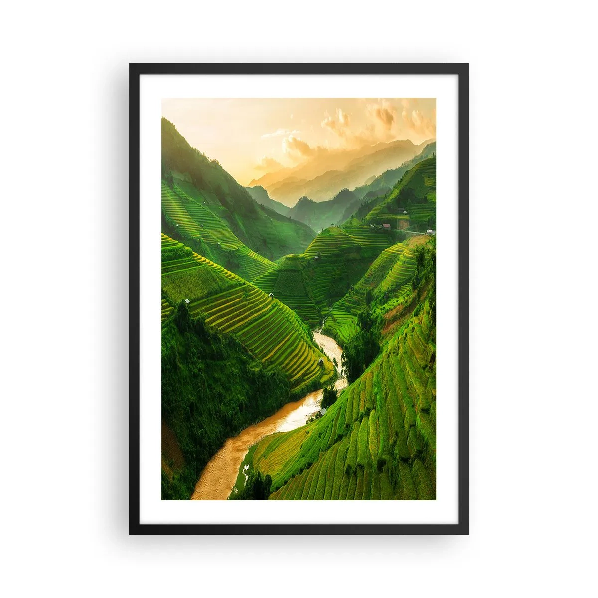 Póster en marco negro - Pintorescas terrazas de arroz en un valle verde - 50x70cm - Valle vietnamita - Decoración de pared moderna para salón y dormitorio ARTTOR