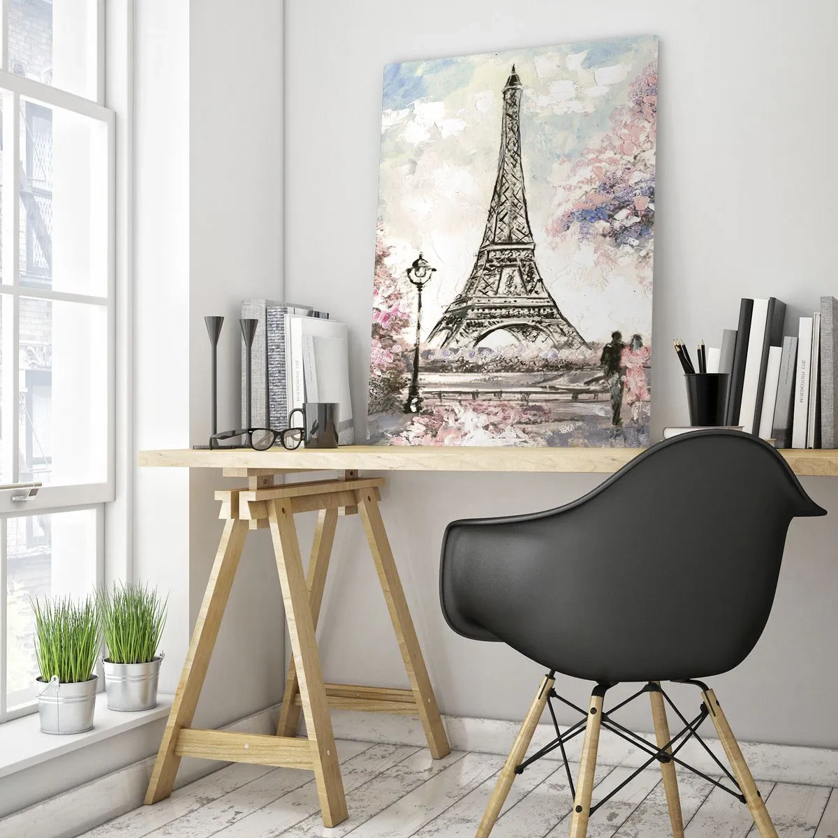 Cuadro sobre vidrio - Impresiones sobre Vidrio - La Torre Eiffel rodeada de árboles en flor. - 80x120cm - Un paseo por París en abril - Decoración de pared moderna para salón y dormitorio ARTTOR
