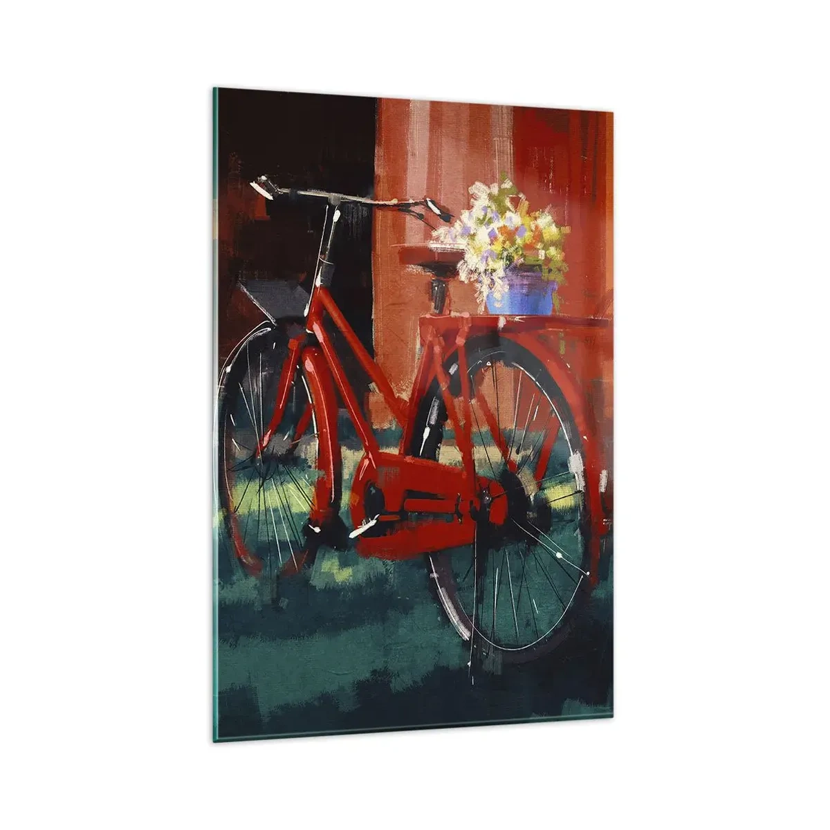 Cuadro sobre vidrio - Impresiones sobre Vidrio - Una bicicleta roja con flores contra una pared naranja. - 80x120cm - Quiero ir en bicicleta - Decoración de pared moderna para salón y dormitorio ARTTOR