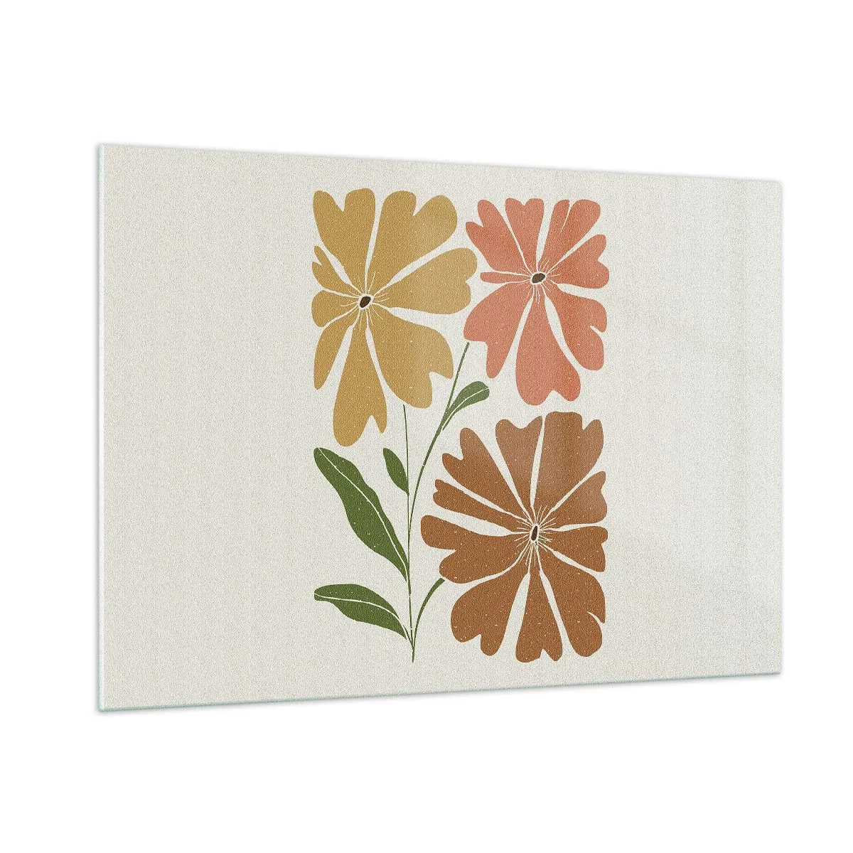 Cuadro sobre vidrio - Impresiones sobre Vidrio - Tres flores estilizadas en colores cálidos sobre un fondo claro. - 100x70cm - Naturaleza y geometría - Decoración de pared moderna para salón y dormitorio ARTTOR