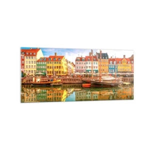 Cuadro sobre vidrio - Impresiones sobre Vidrio - Casas coloridas en los canales de Copenhague - 120x50cm - Sobre el agua tan suave como un espejo - Decoración de pared moderna para salón y dormitorio ARTTOR