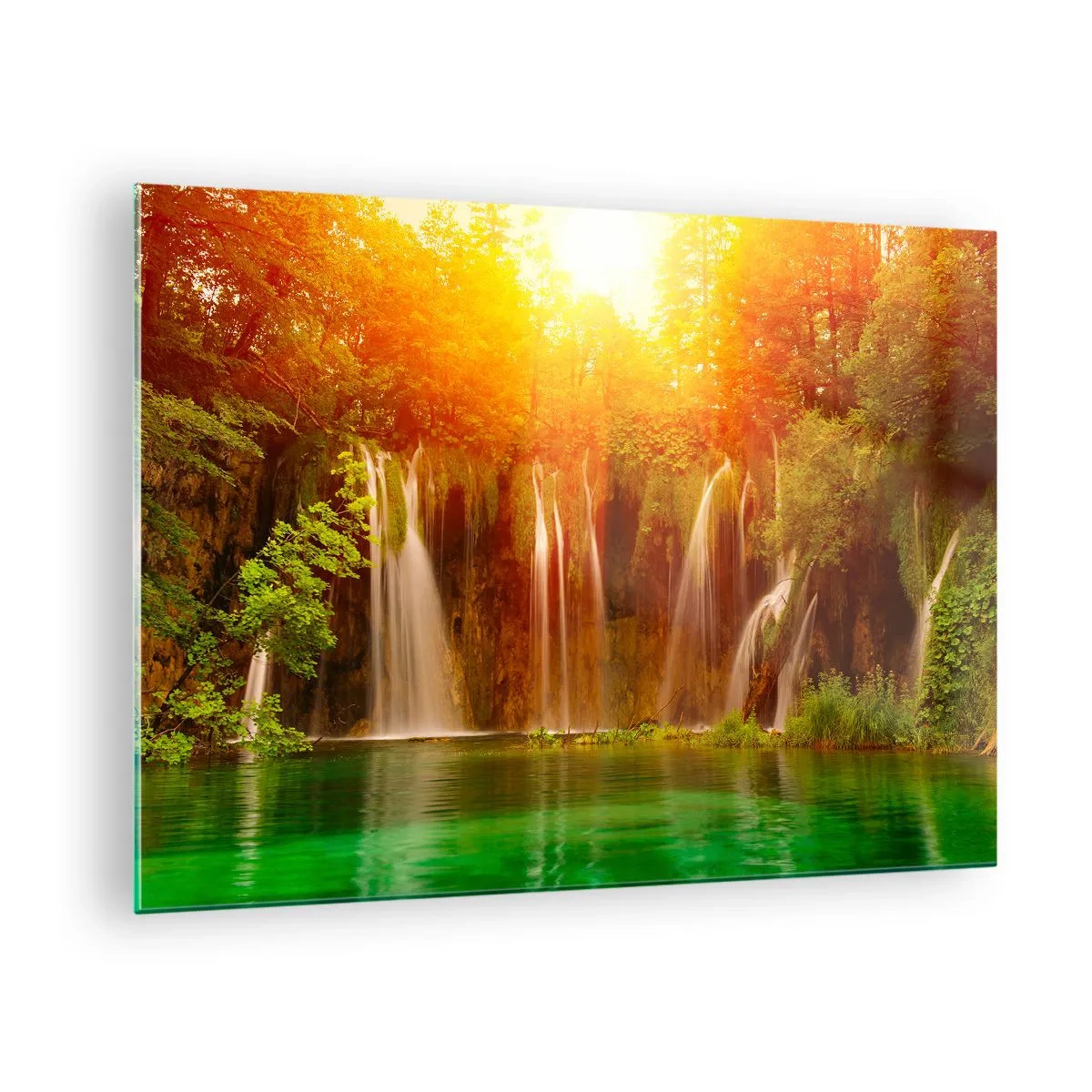 Cuadro sobre vidrio - Impresiones sobre Vidrio - Cascadas en un bosque soleado con agua turquesa. - 70x50cm - Sol y sombra - Decoración de pared moderna para salón y dormitorio ARTTOR