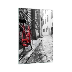 Cuadro sobre vidrio - Impresiones sobre Vidrio - Bicicleta roja en una calle en blanco y negro - 70x100cm - La verdadera belleza no envejece - Decoración de pared moderna para salón y dormitorio ARTTOR
