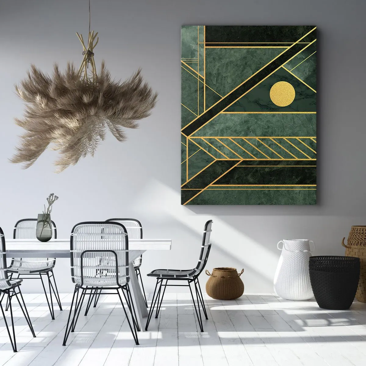 Cuadro sobre lienzo - Impresión de Imagen - Diseño geométrico verde y dorado con un patrón elegante. - 80x120cm - La dinámica del oro y el azul - Decoración de pared moderna para salón y dormitorio ARTTOR
