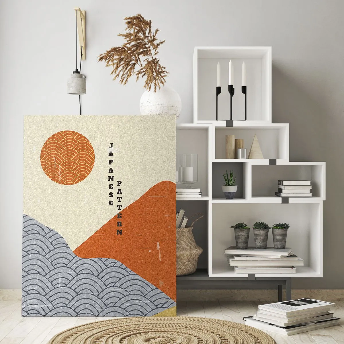 Cuadro sobre vidrio - Impresiones sobre Vidrio - Gráficos con patrones japoneses de montañas y sol. - 50x70cm - En el espíritu japonés - Decoración de pared moderna para salón y dormitorio ARTTOR