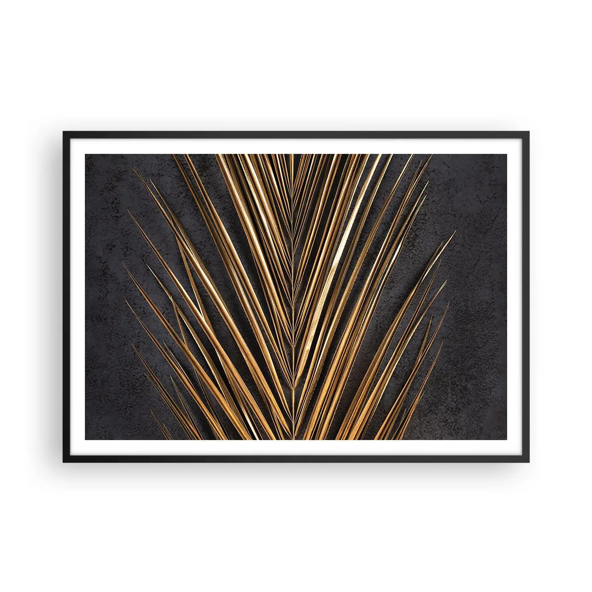 Póster en marco negro - Hoja tropical dorada sobre fondo negro - 100x70cm - El oro de los trópicos - Decoración de pared moderna para salón y dormitorio ARTTOR