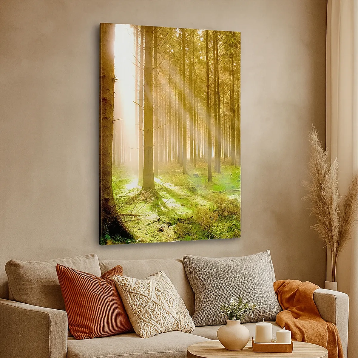 Cuadro sobre lienzo - Impresión de Imagen - Bosque de coníferas con rayos de sol brillando a través de los árboles. - 50x70cm - Los elfos se aproximan - Decoración de pared moderna para salón y dormitorio ARTTOR