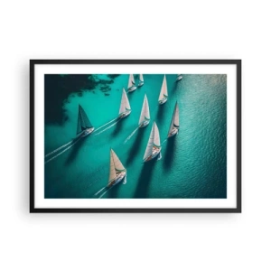 Póster en marco negro - Yates en aguas turquesas en movimiento dinámico - 70x50cm - En competición con el viento - Decoración de pared moderna para salón y dormitorio ARTTOR