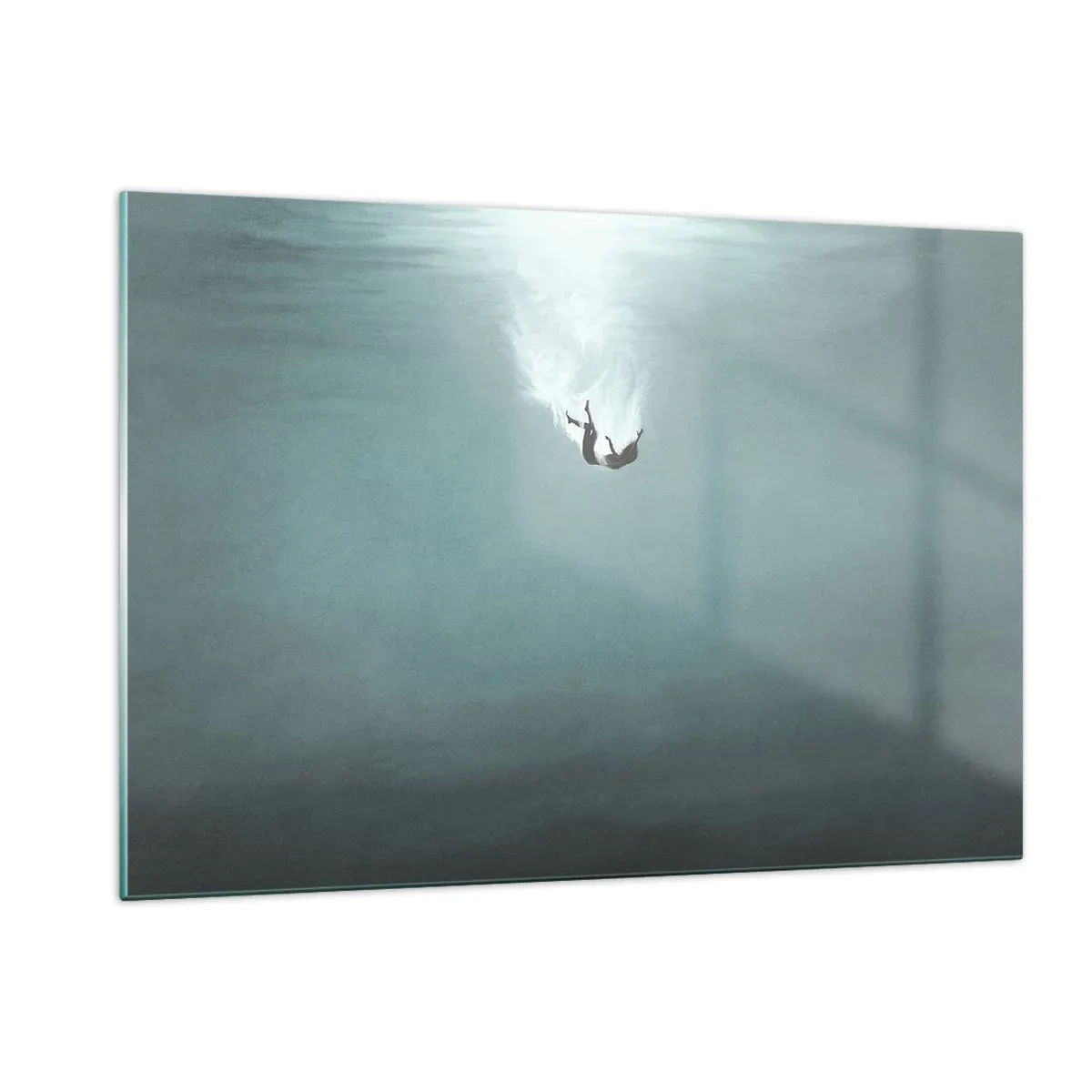 Cuadro sobre vidrio - Impresiones sobre Vidrio - La silueta de un hombre inmerso en las profundidades azules del océano. - 120x80cm - En el abrazo del océano - Decoración de pared moderna para salón y dormitorio ARTTOR