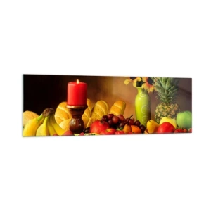 Cuadro sobre vidrio - Impresiones sobre Vidrio - Bodegón con fruta, pan, vela y flores. - 160x50cm - Bodegón con pan y fruta - Decoración de pared moderna para salón y dormitorio ARTTOR