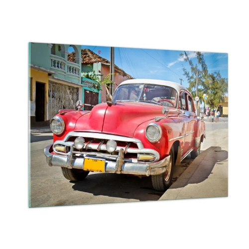 Cuadro sobre vidrio - Impresiones sobre Vidrio - Coche clásico rojo en una calle de la ciudad - 100x70cm - Solo en Cuba - Decoración de pared moderna para salón y dormitorio ARTTOR