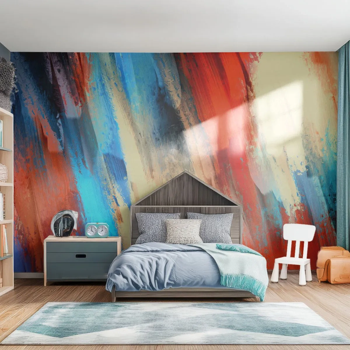 Fotomural Premium Canvas - Pincelada abstracta en tonos azules y naranjas - 100x70cm - Una cascada de colores - Decoración de pared moderna para salón y dormitorio ARTTOR