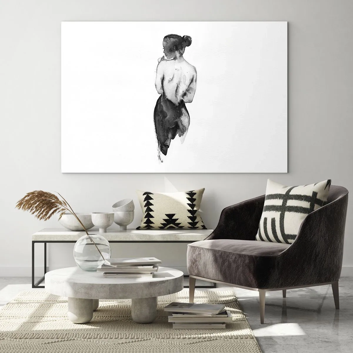 Cuadro sobre vidrio - Impresiones sobre Vidrio - Silueta en blanco y negro de una mujer en estilo acuarela. - 100x70cm - Sin ella el mundo deja de tener sentido - Decoración de pared moderna para salón y dormitorio ARTTOR