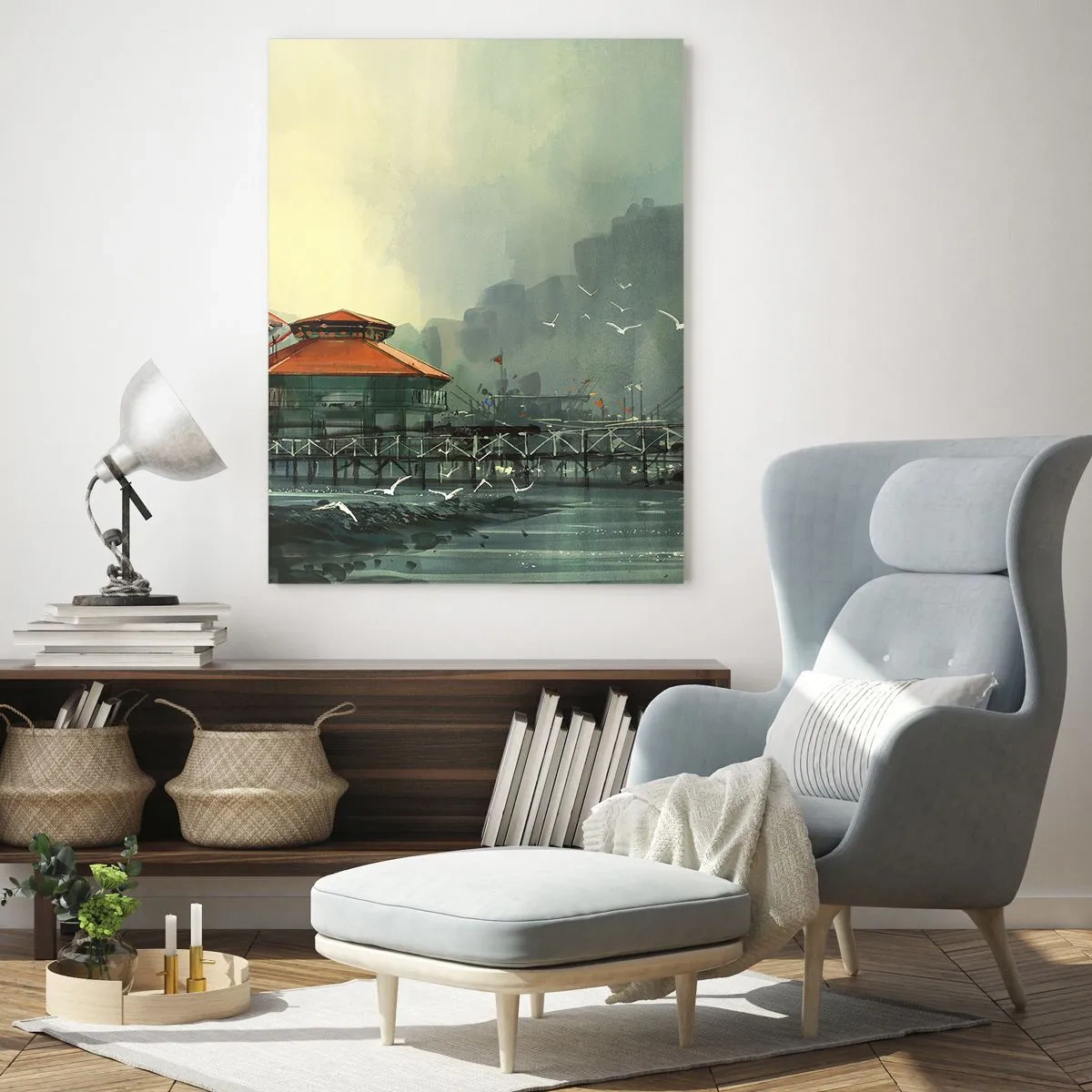 Cuadro sobre vidrio - Impresiones sobre Vidrio - Edificios portuarios con tejados rojos contra la niebla - 50x70cm - Un día soleado en el puerto - Decoración de pared moderna para salón y dormitorio ARTTOR