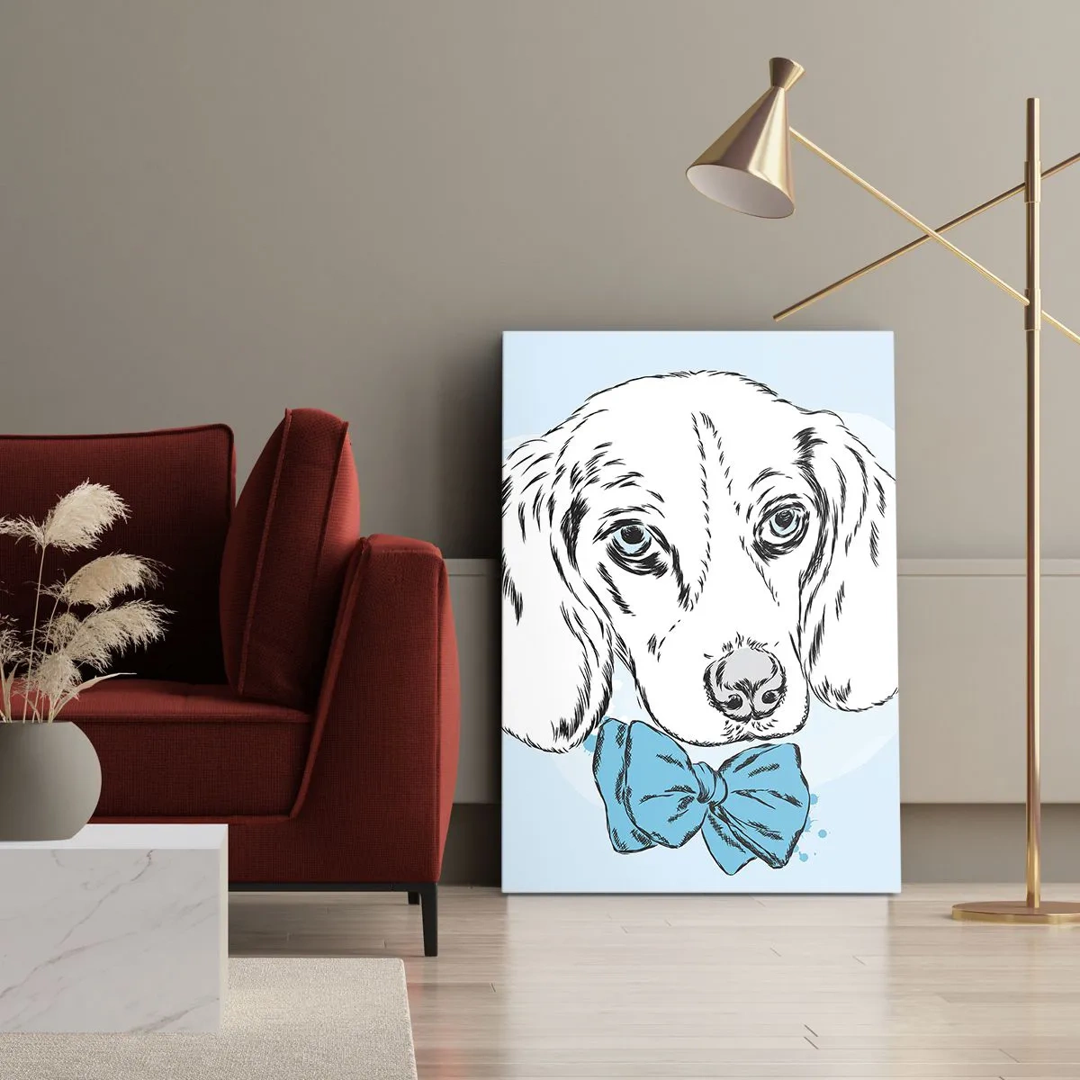 Cuadro sobre lienzo - Impresión de Imagen - Adorable gráfico de un perro con una pajarita sobre un fondo pastel. - 50x70cm - Elegancia canina - Decoración de pared moderna para salón y dormitorio ARTTOR