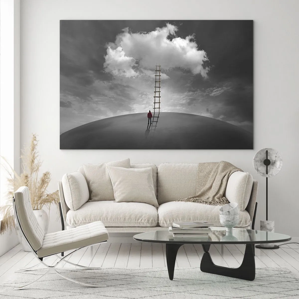 Cuadro sobre vidrio - Impresiones sobre Vidrio - Una persona mira una escalera que conduce a una nube. - 70x50cm - Todo es posible - Decoración de pared moderna para salón y dormitorio ARTTOR